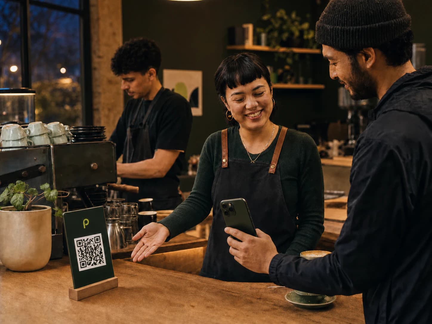 A driver scans a Perkr QR code displayed by a local cafe