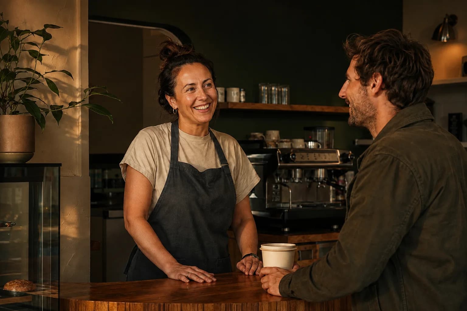 A local cafe owner chats with a driver across the counter