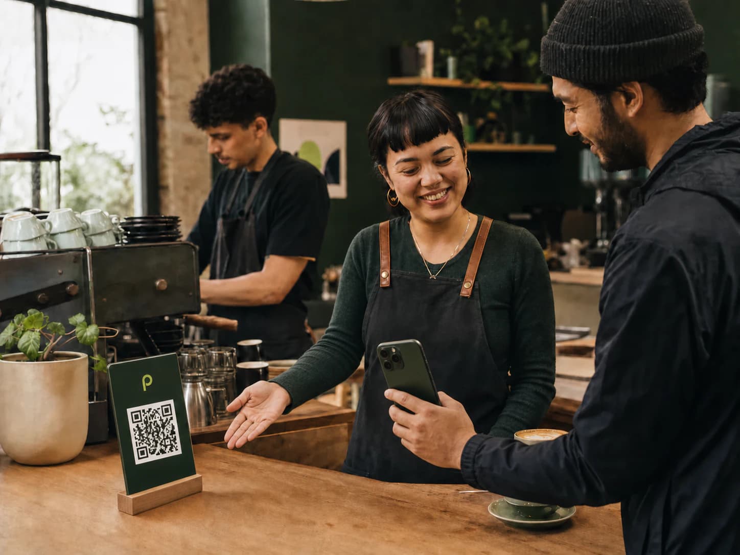 A driver scans a Perkr QR code displayed by a local cafe