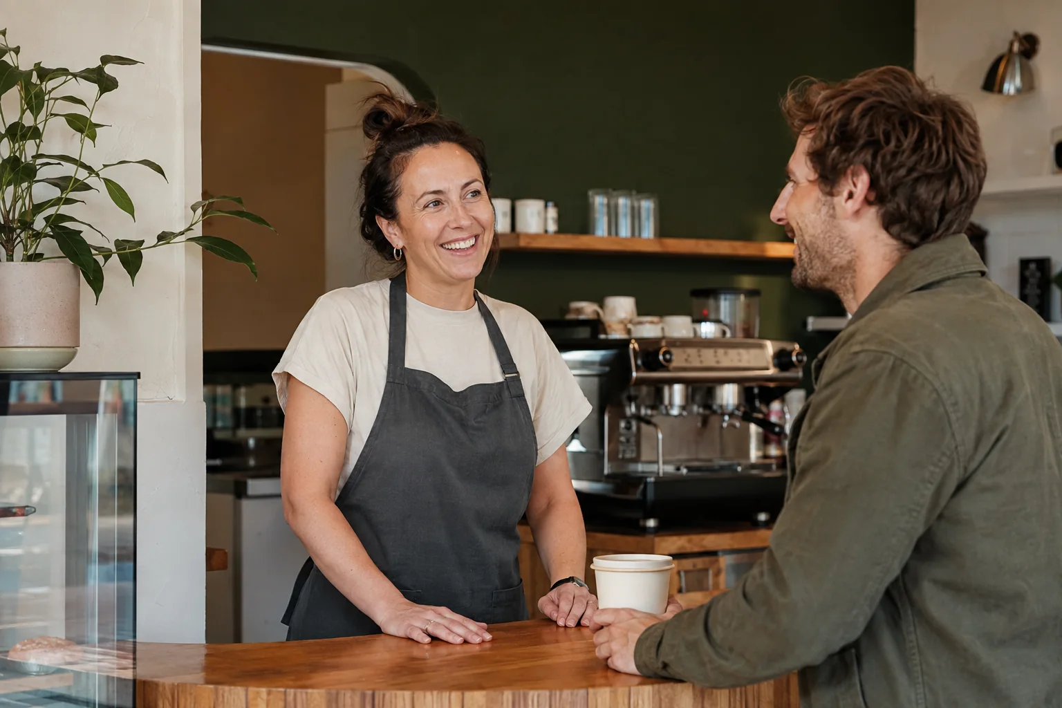 A local cafe owner chats with a driver across the counter