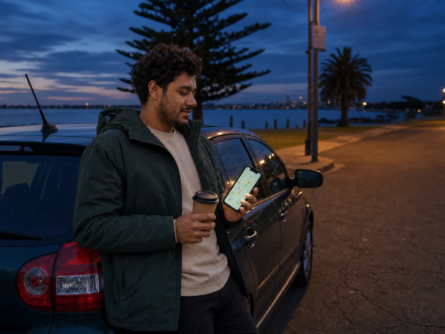 A gig driver checks nearby offers during a break beside his car in Geelong