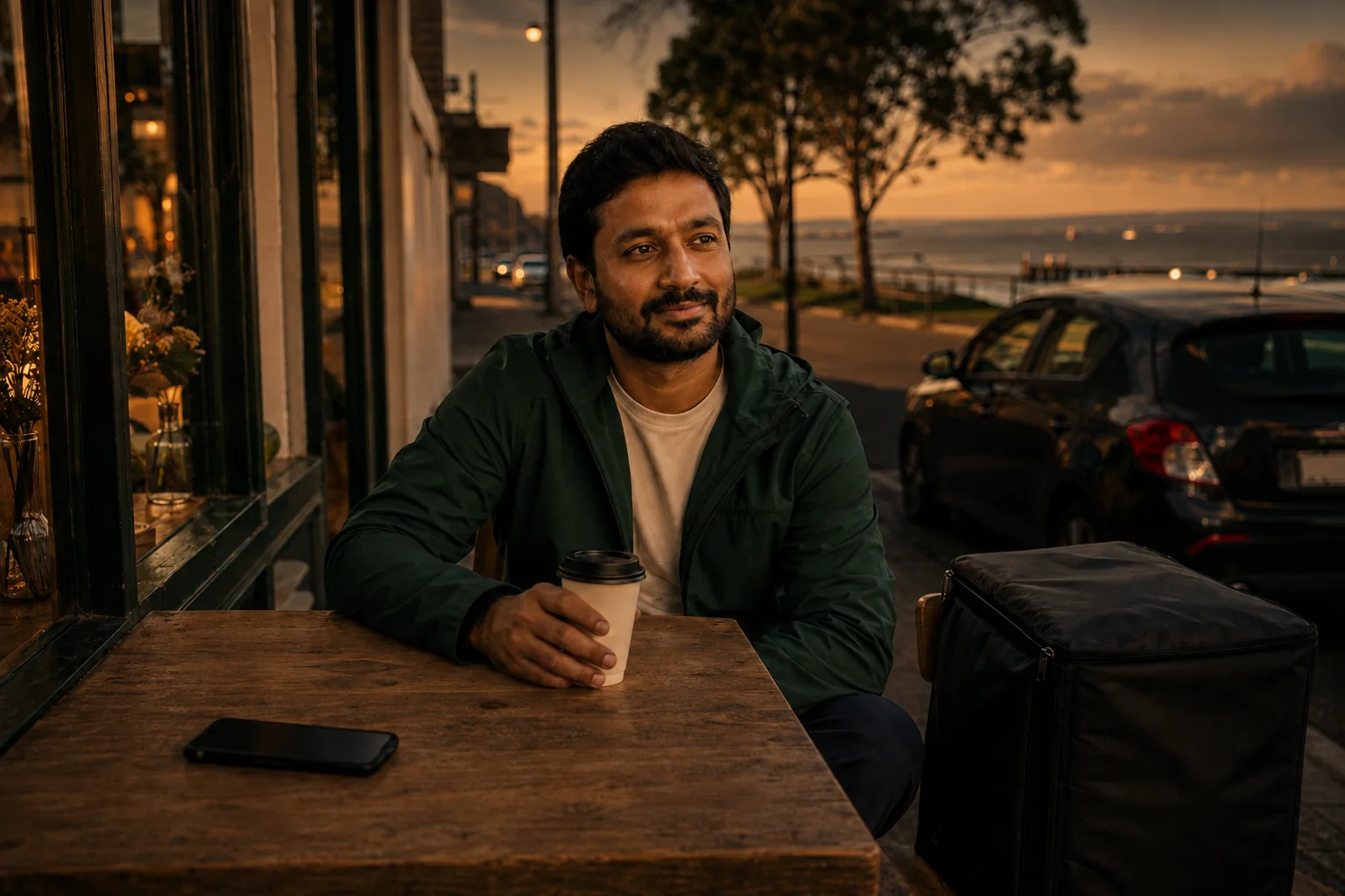 A gig driver takes a coffee break at a coastal cafe beside his parked car