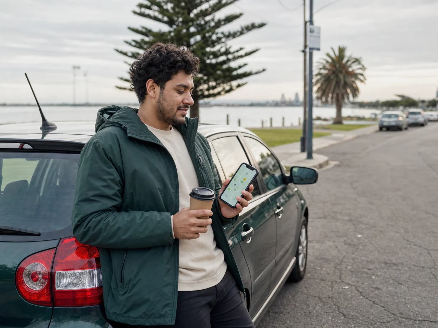 A gig driver checks nearby offers during a break beside his car in Geelong