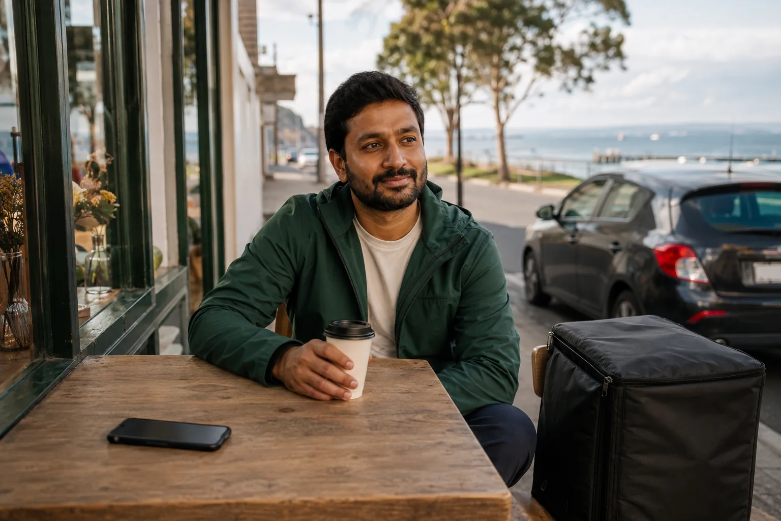A gig driver takes a coffee break at a coastal cafe beside his parked car