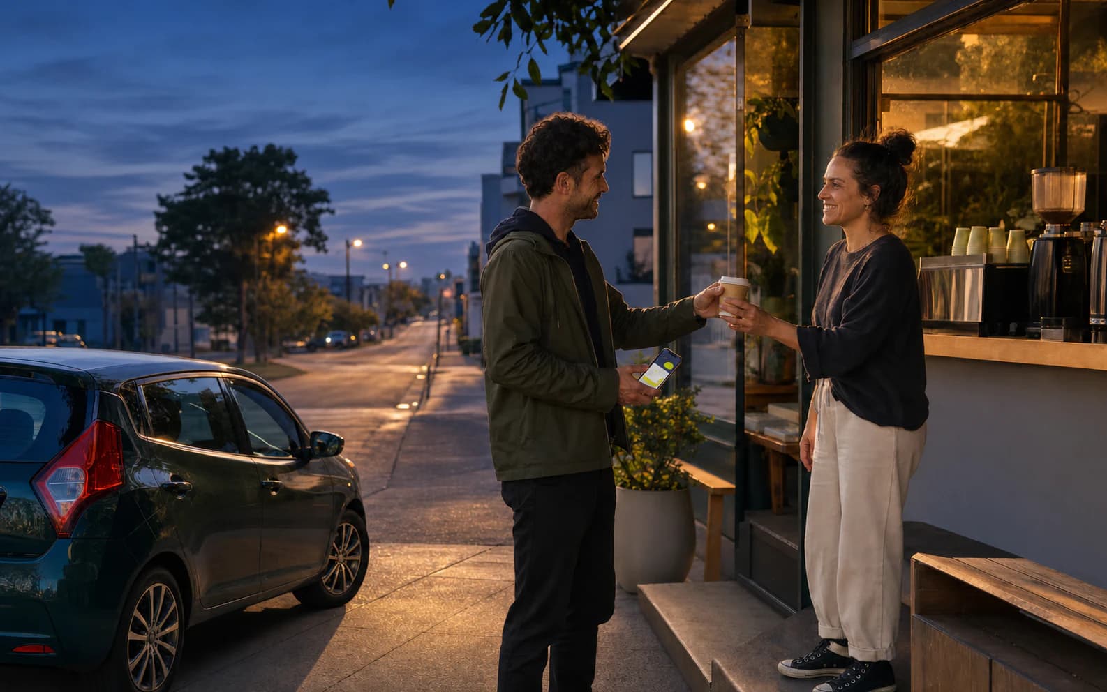 A local cafe owner hands a coffee to a gig driver beside his car