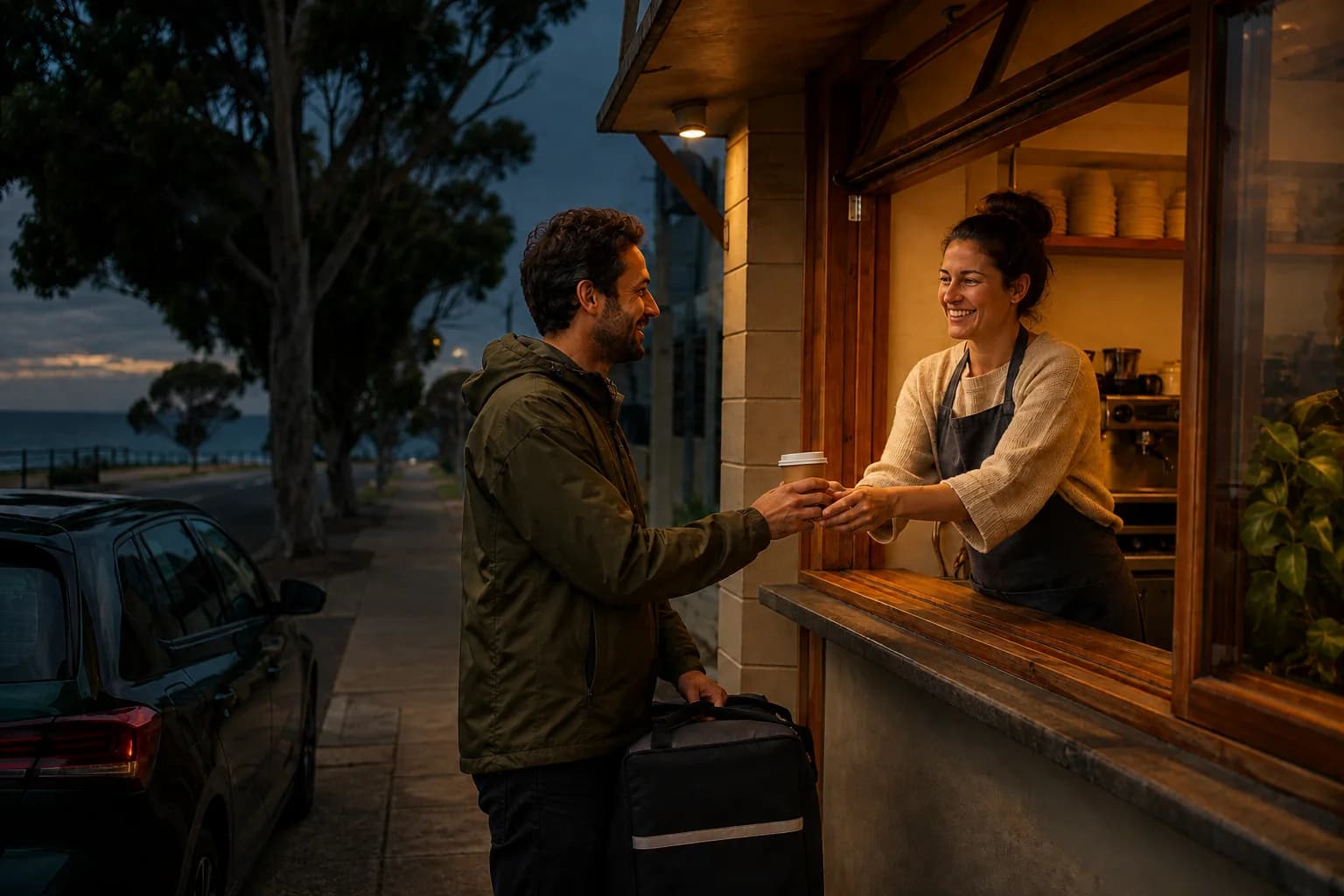 A local cafe owner hands a coffee to a gig driver beside his car