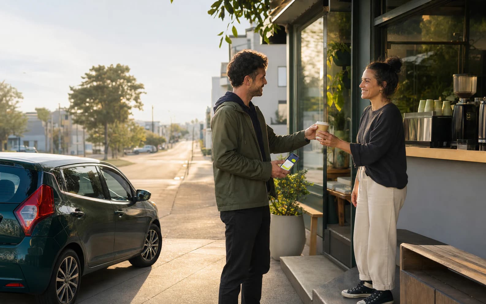 A local cafe owner hands a coffee to a gig driver beside his car