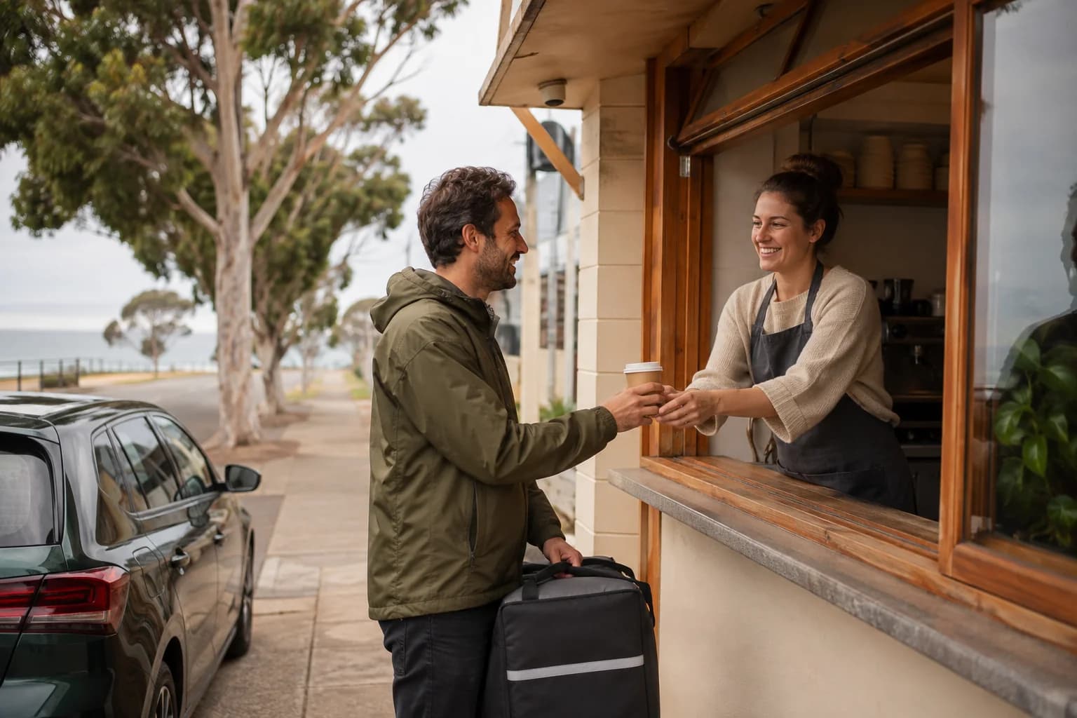 A local cafe owner hands a coffee to a gig driver beside his car